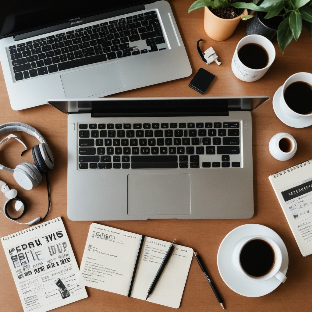 Overhead view of a modern workspace desk with laptop, notebooks, smartphone, and coffee cups.