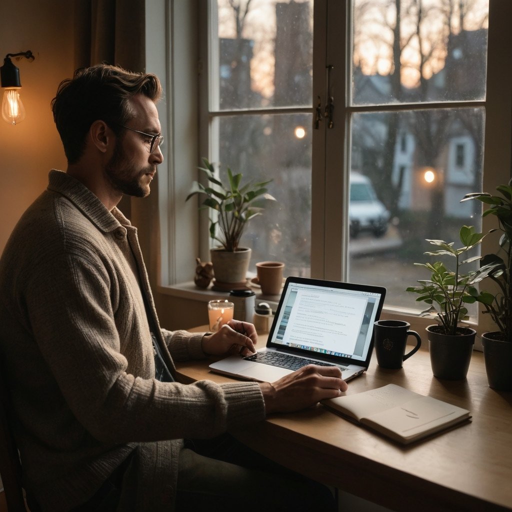 Person writing on a laptop in a cozy cafe with warm lighting and a peaceful atmosphere.