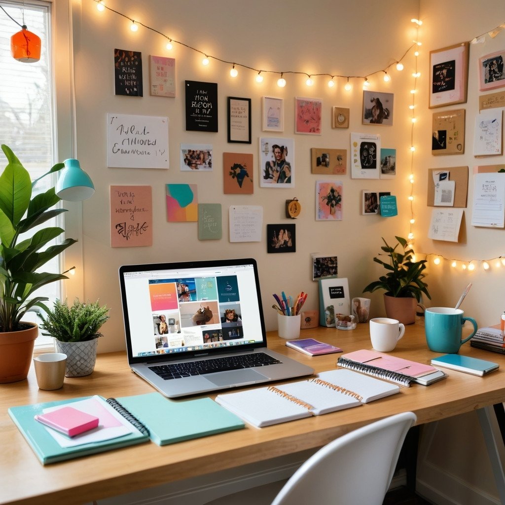 Cozy home office workspace with laptop, books, and string lights for productivity